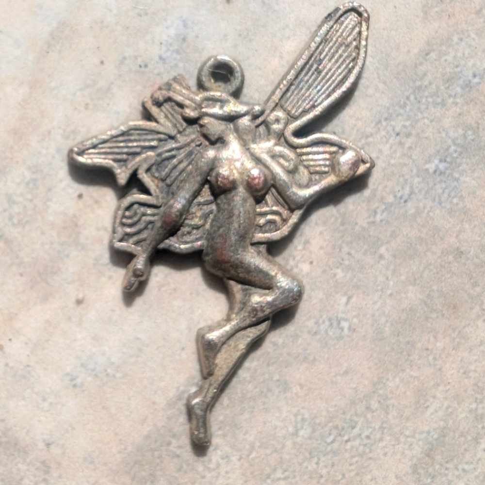 Vtg Fairy Pendant Quarter Size Pewter Or Silver